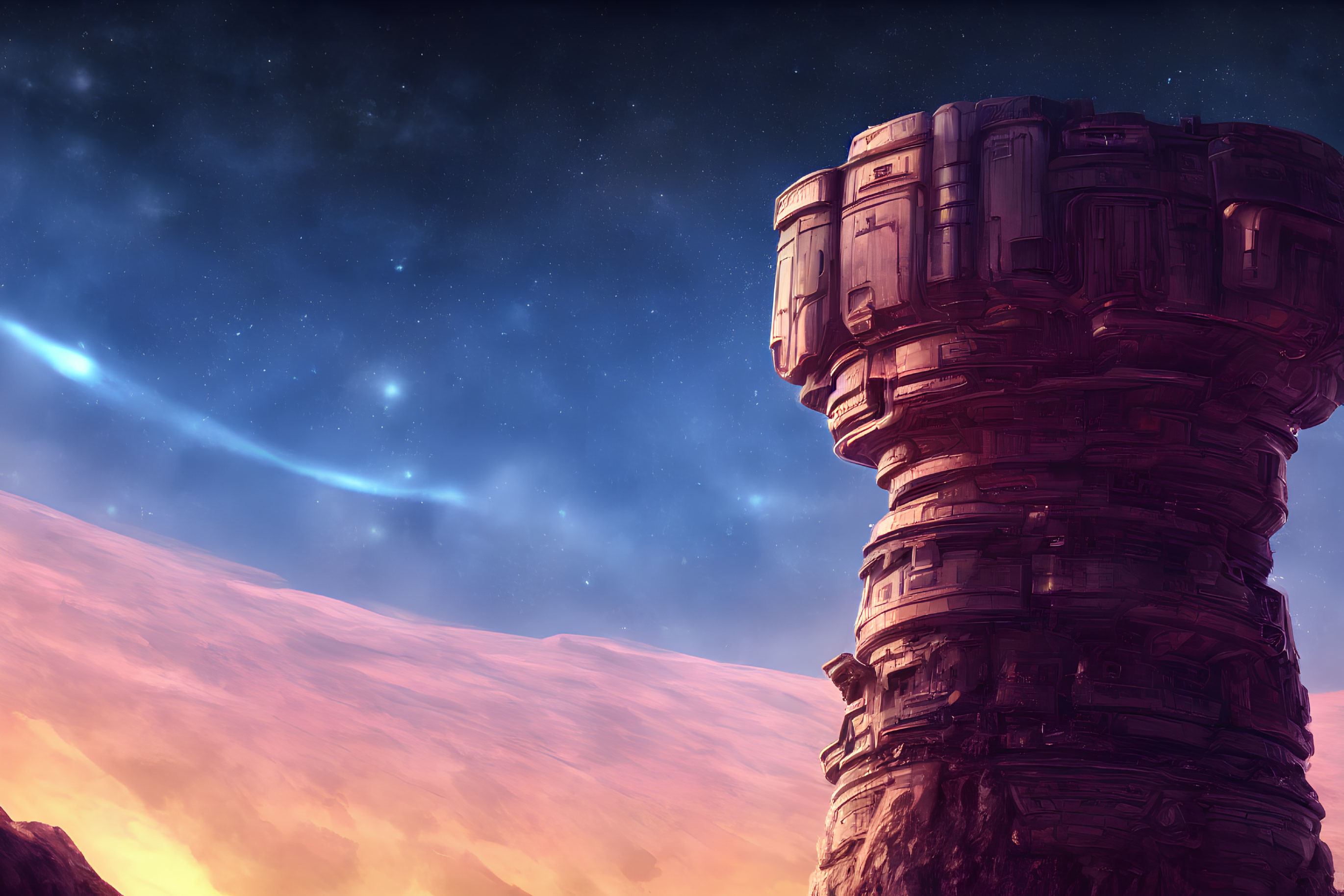 Futuristic alien planet scene with towering structure and comet in starry sky