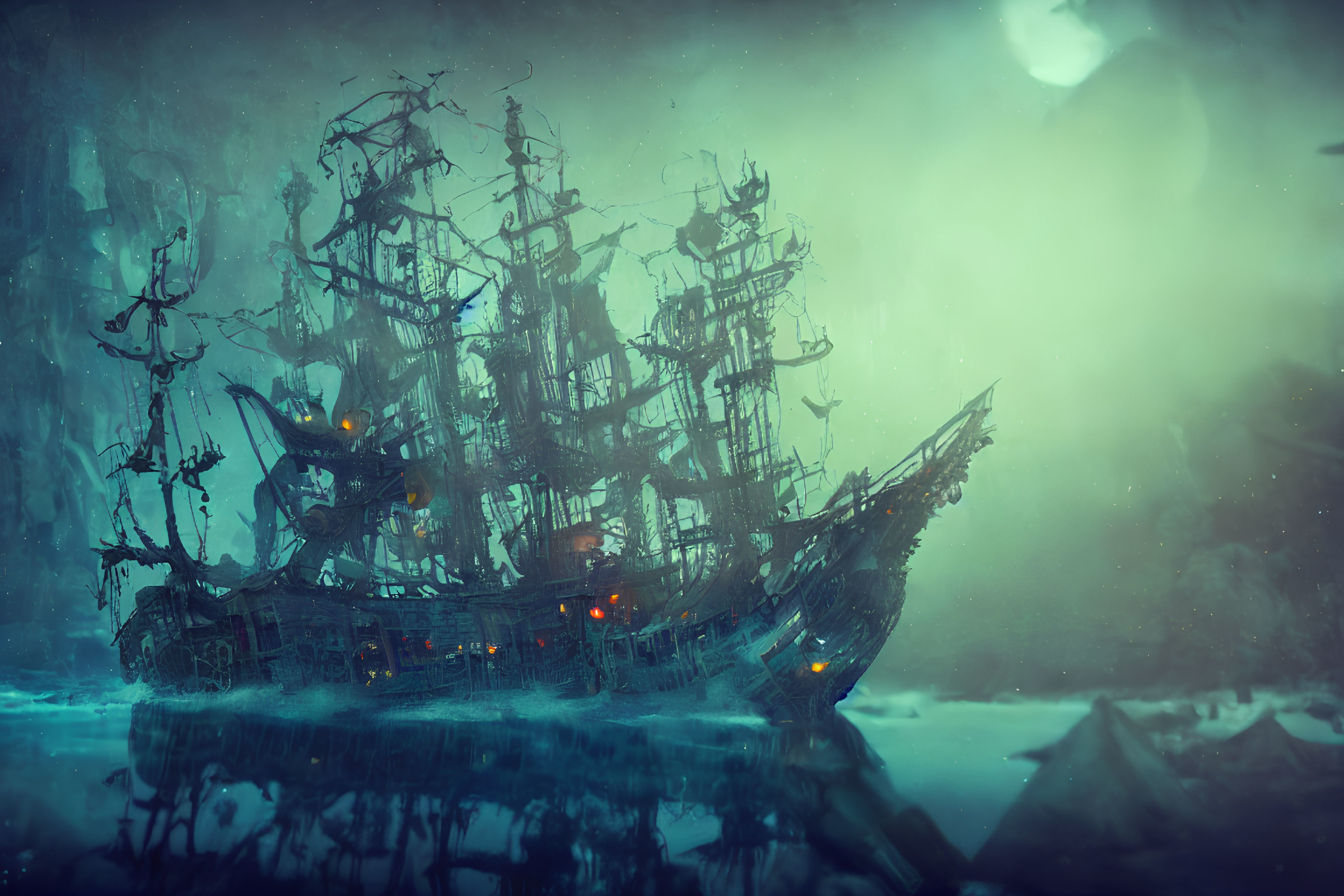 Ghostly pirate ship with tattered sails and eerie green light on icy, foggy waters