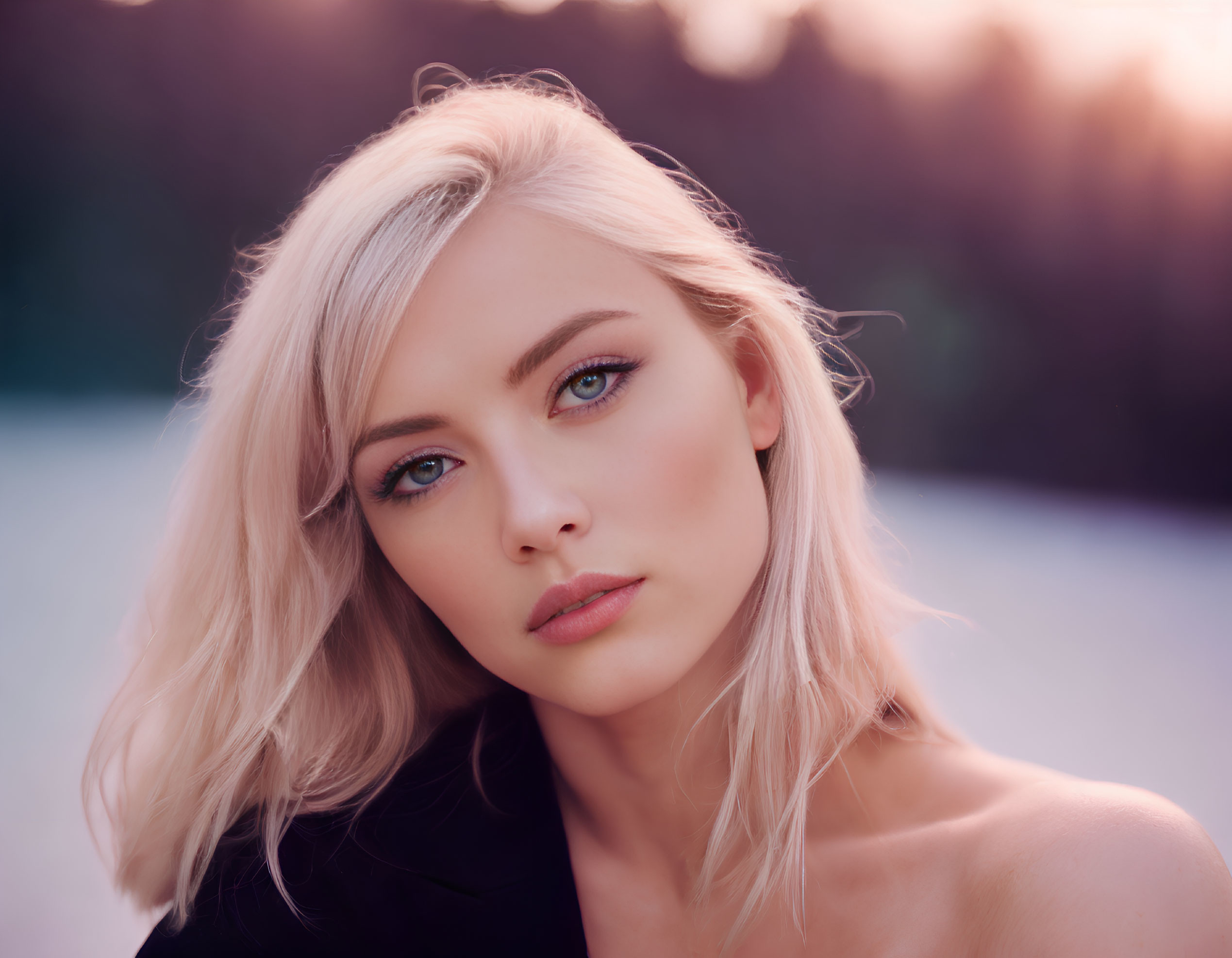 Blonde woman portrait with striking eyes and bare shoulder