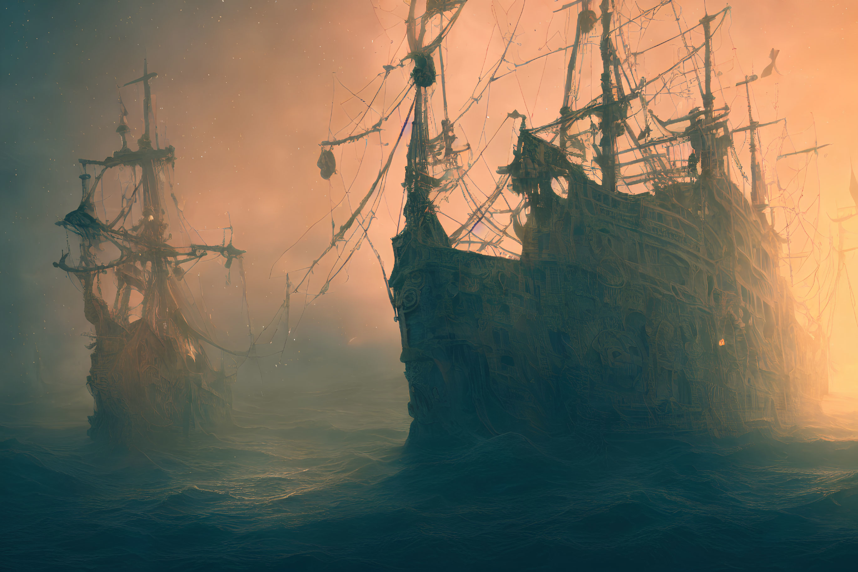 Ghostly pirate ships with tattered sails in foggy, amber sea