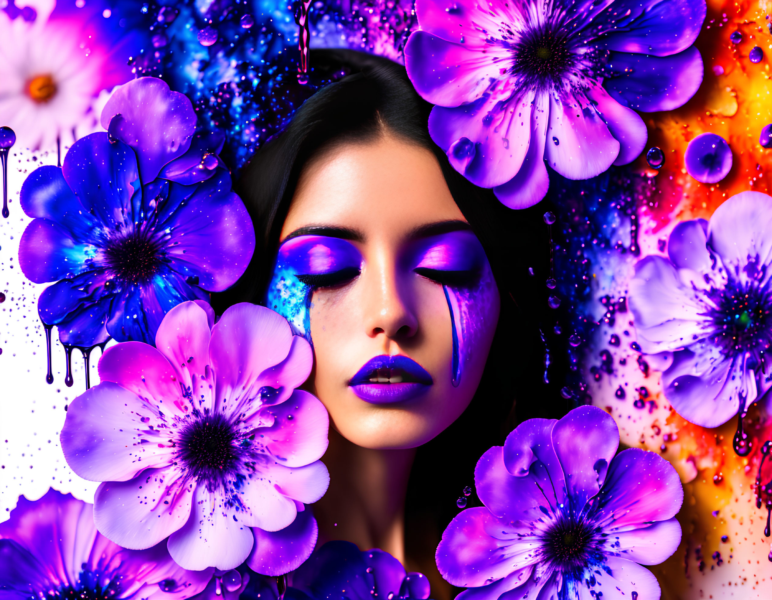Colorful portrait of woman with purple floral makeup and vibrant flowers.