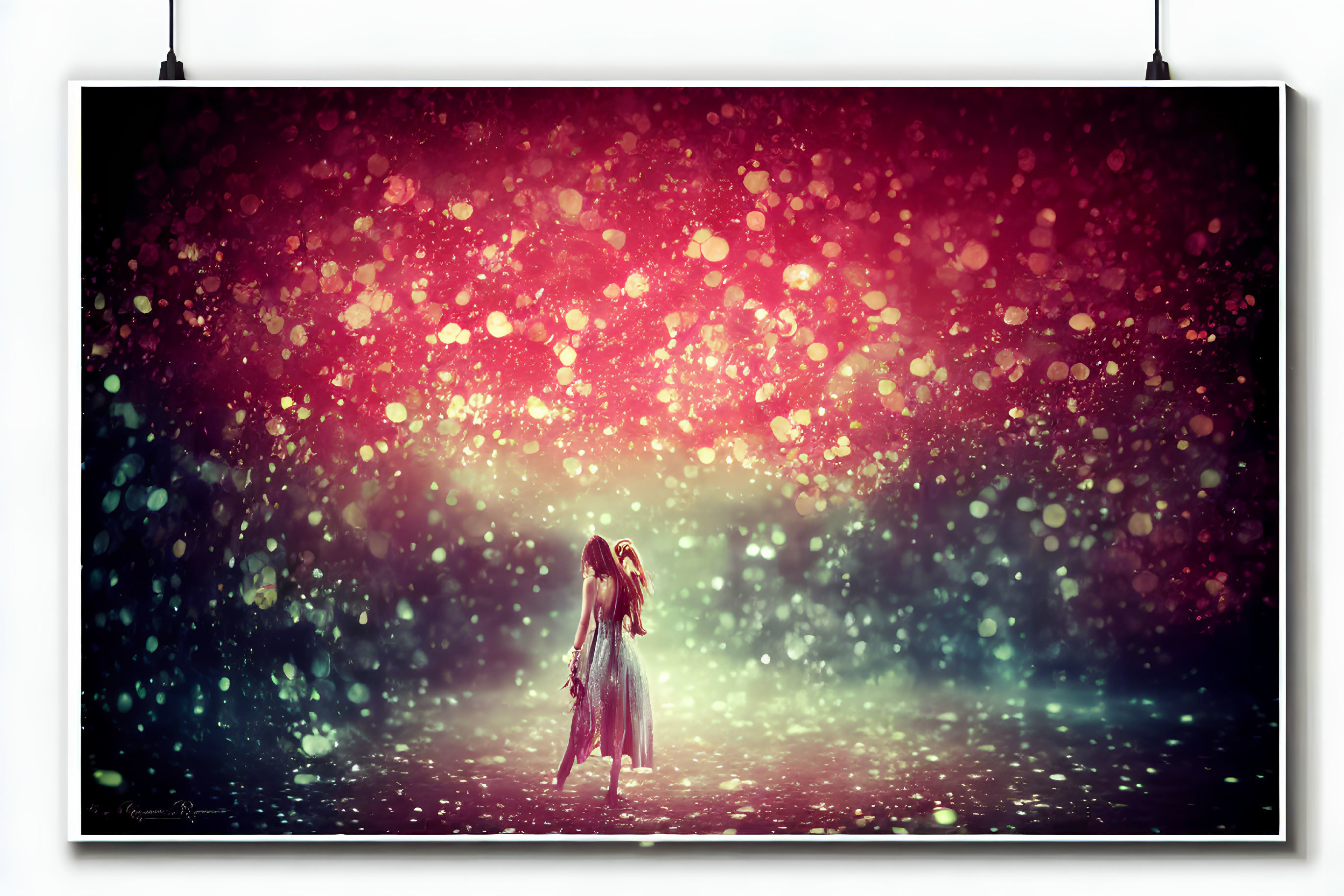 Person in dreamy fantasy environment with sparkles and bokeh lights