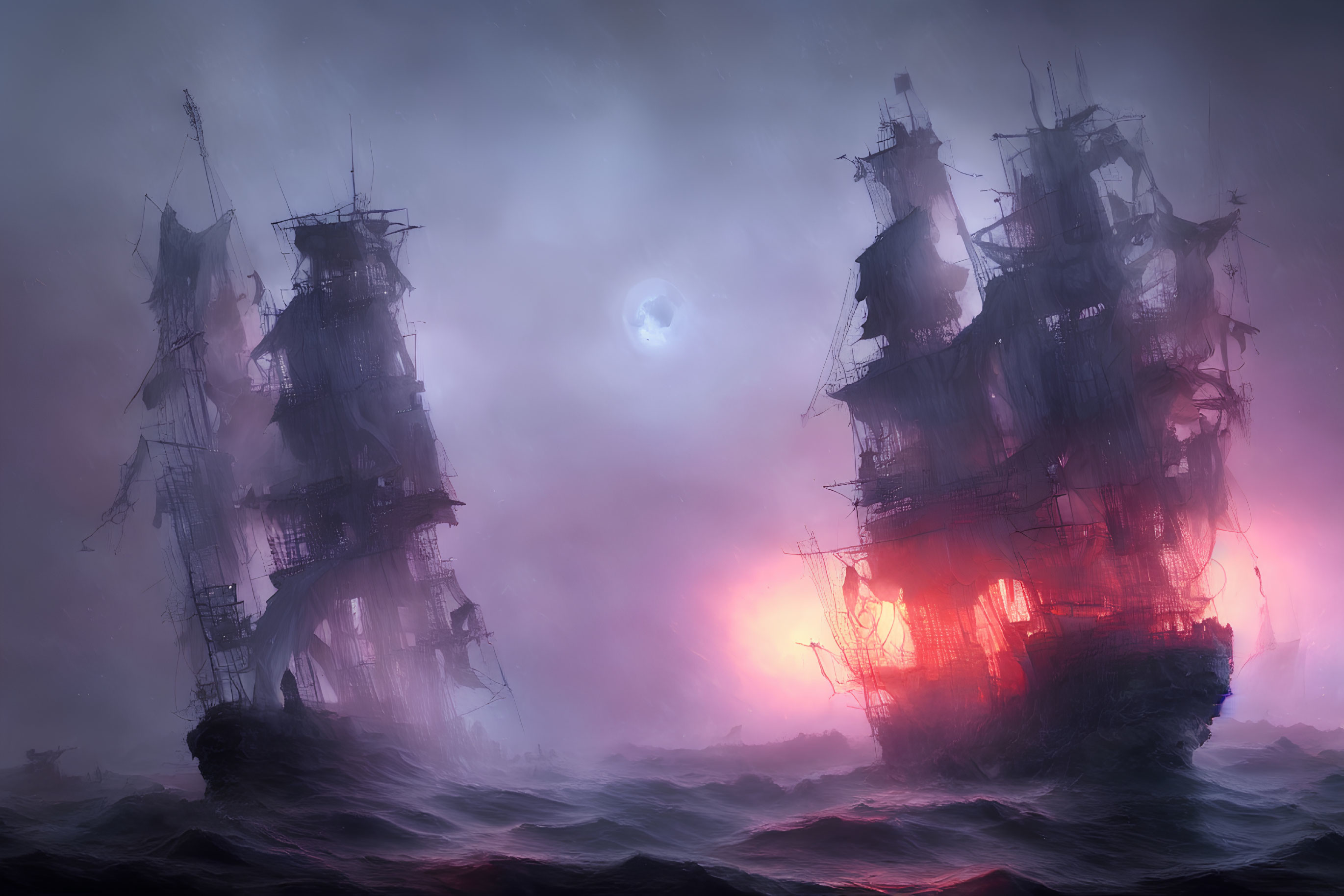 Ghostly sailing ships in mist on haunting sea.
