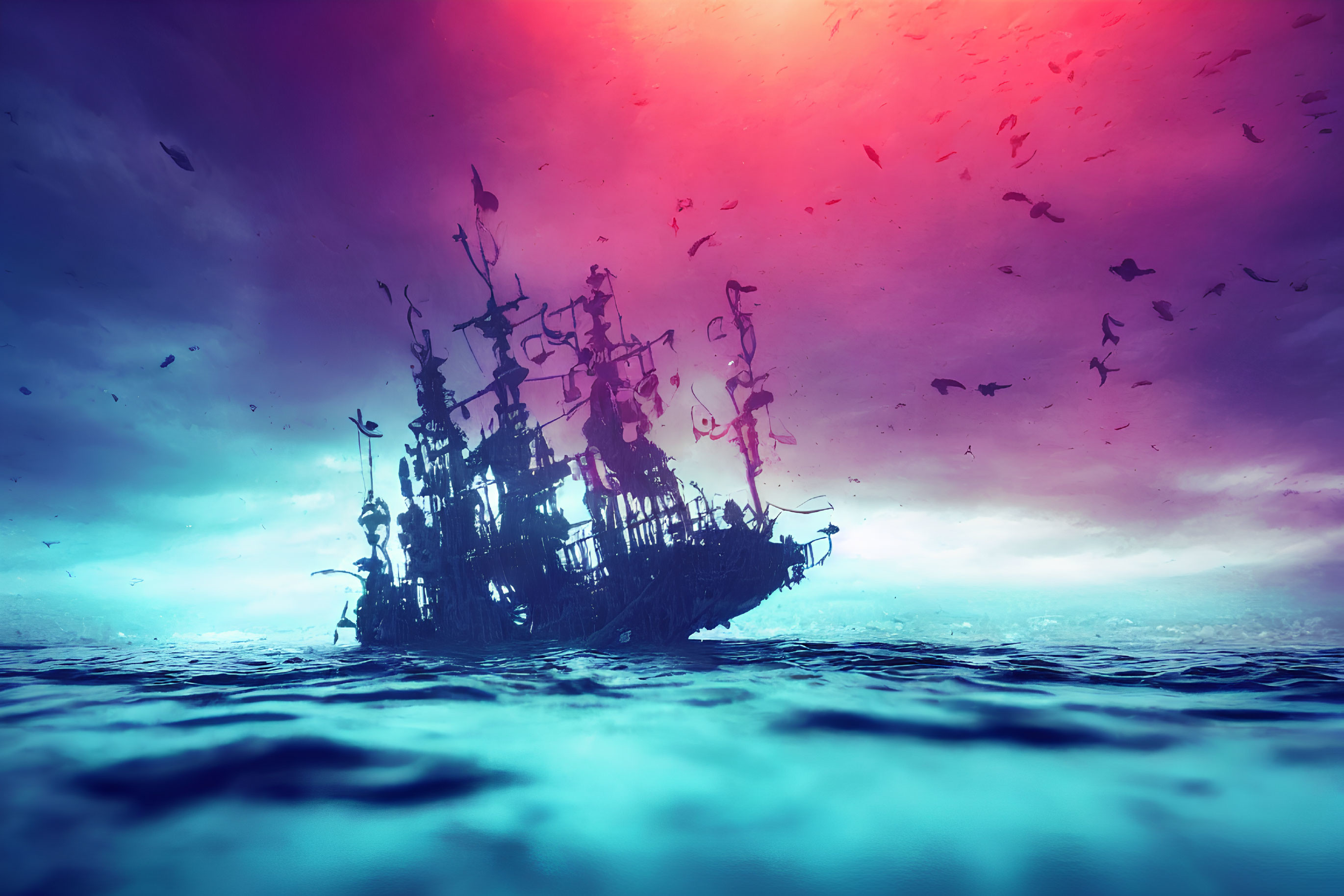 Ghostly ship with tattered sails in dramatic purple and red sky above calm sea