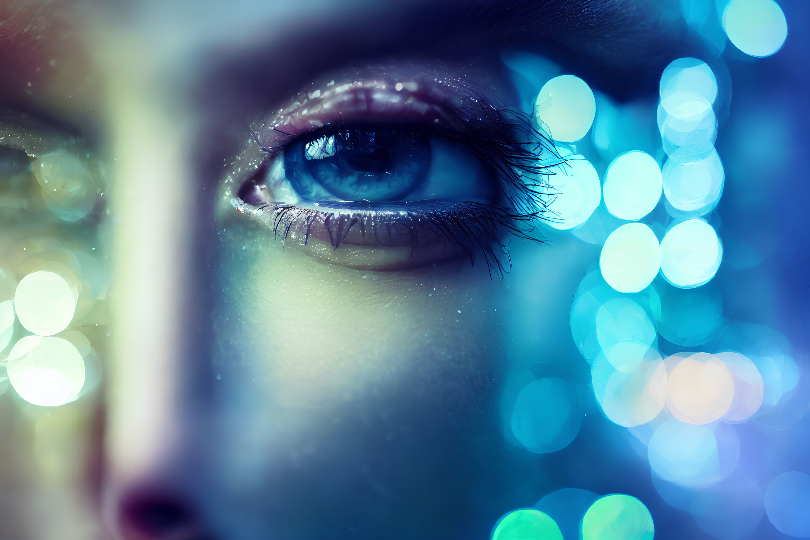 Detailed Close-Up of Tearful Eye with Blue Tones and Bokeh Light Effects
