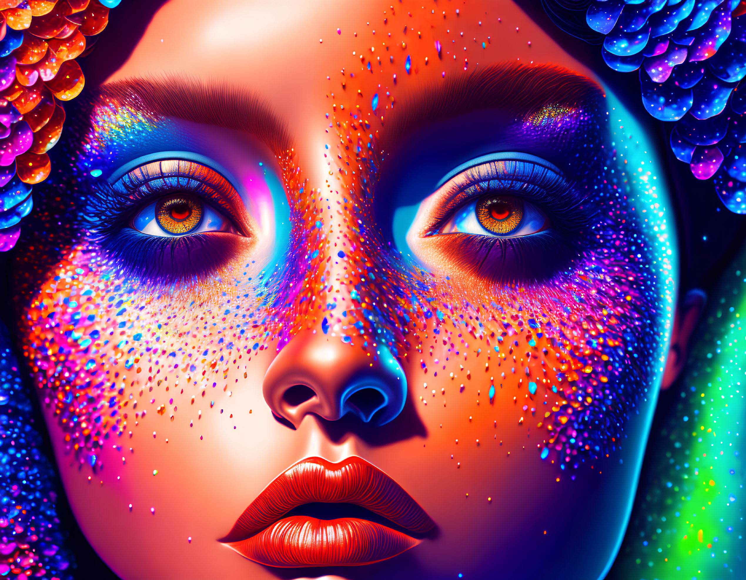 Multicolored Glittering Skin and Hazel Eyes Portrait