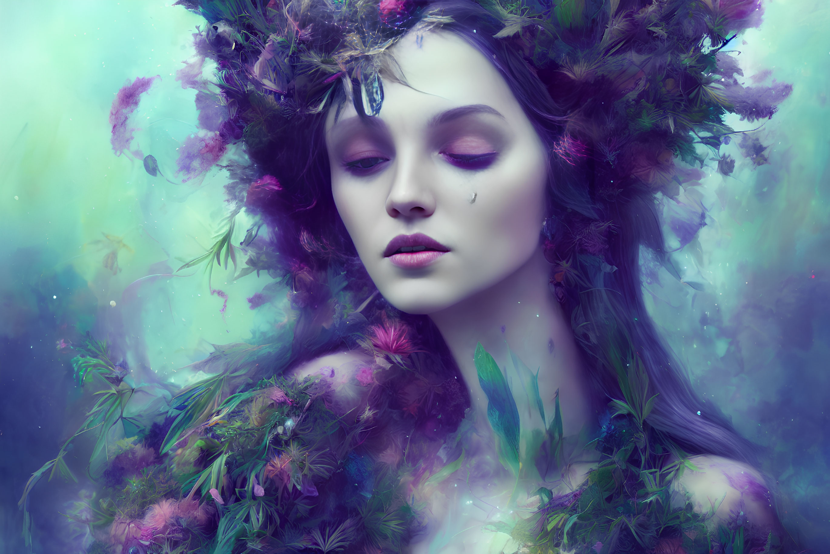 Surreal portrait of woman with floral headdress in ethereal setting