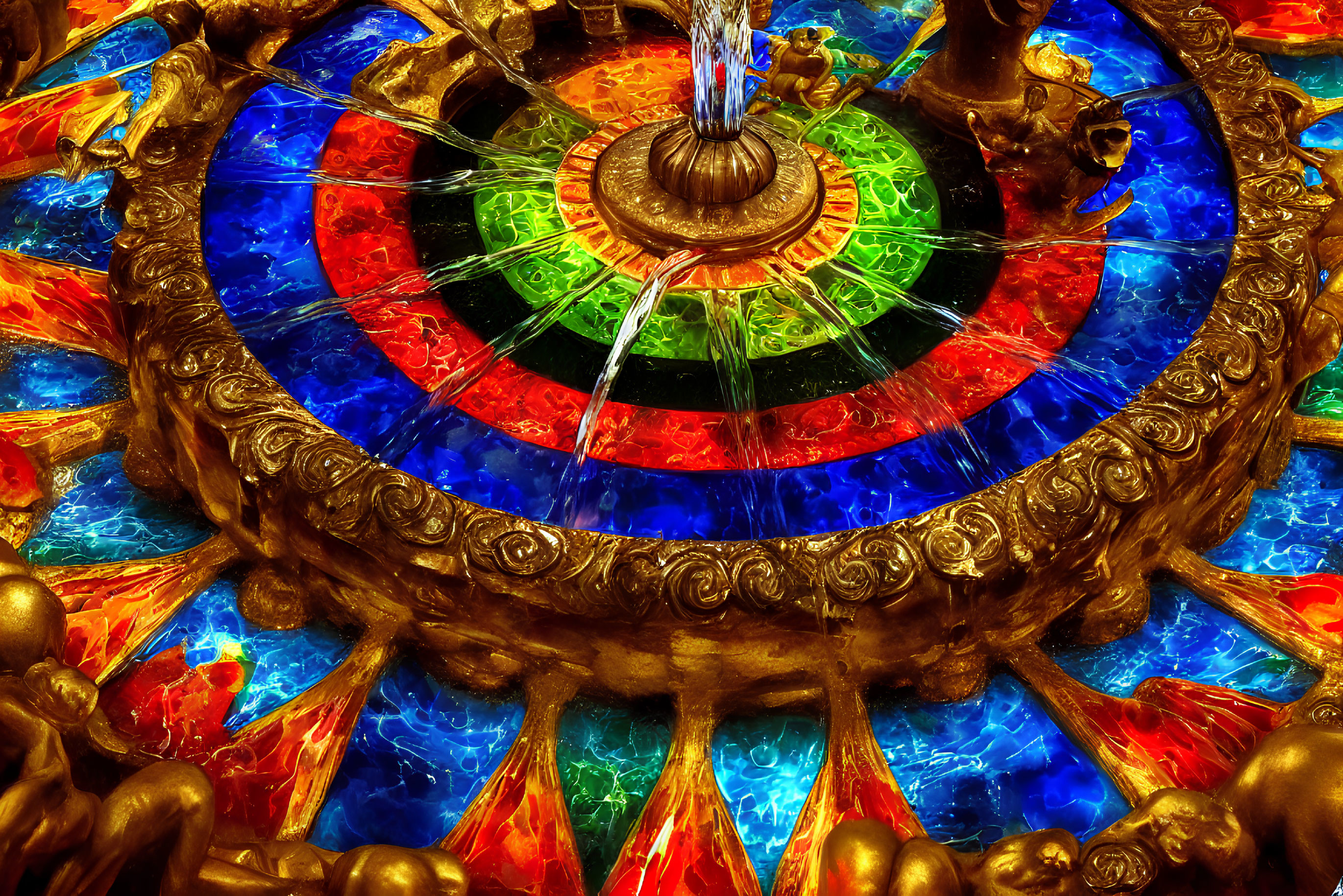 Colorful Mosaic Fountain with Golden Sculptures and Illuminated Glass