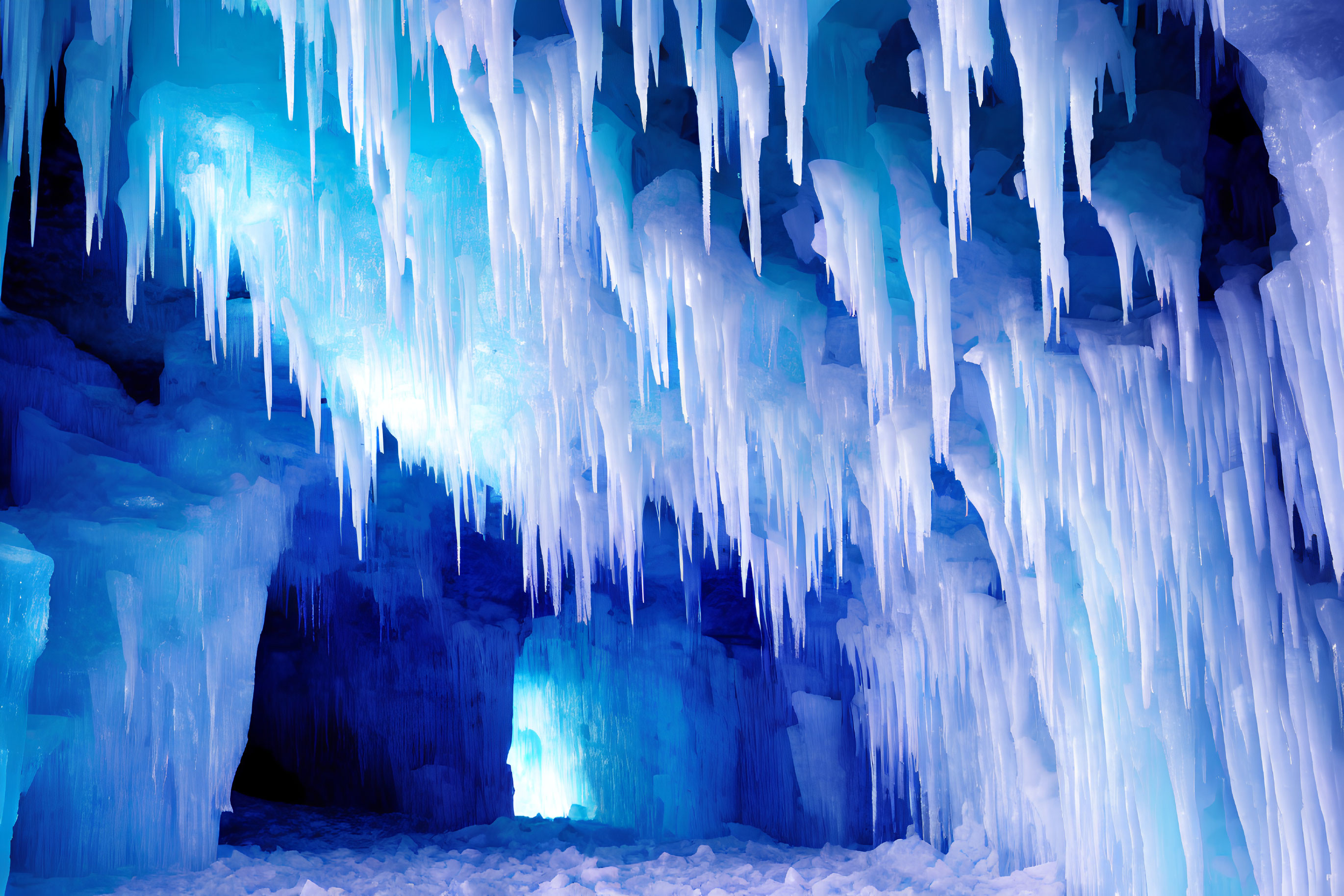 Blue-walled ice cave with hanging icicles and soft light