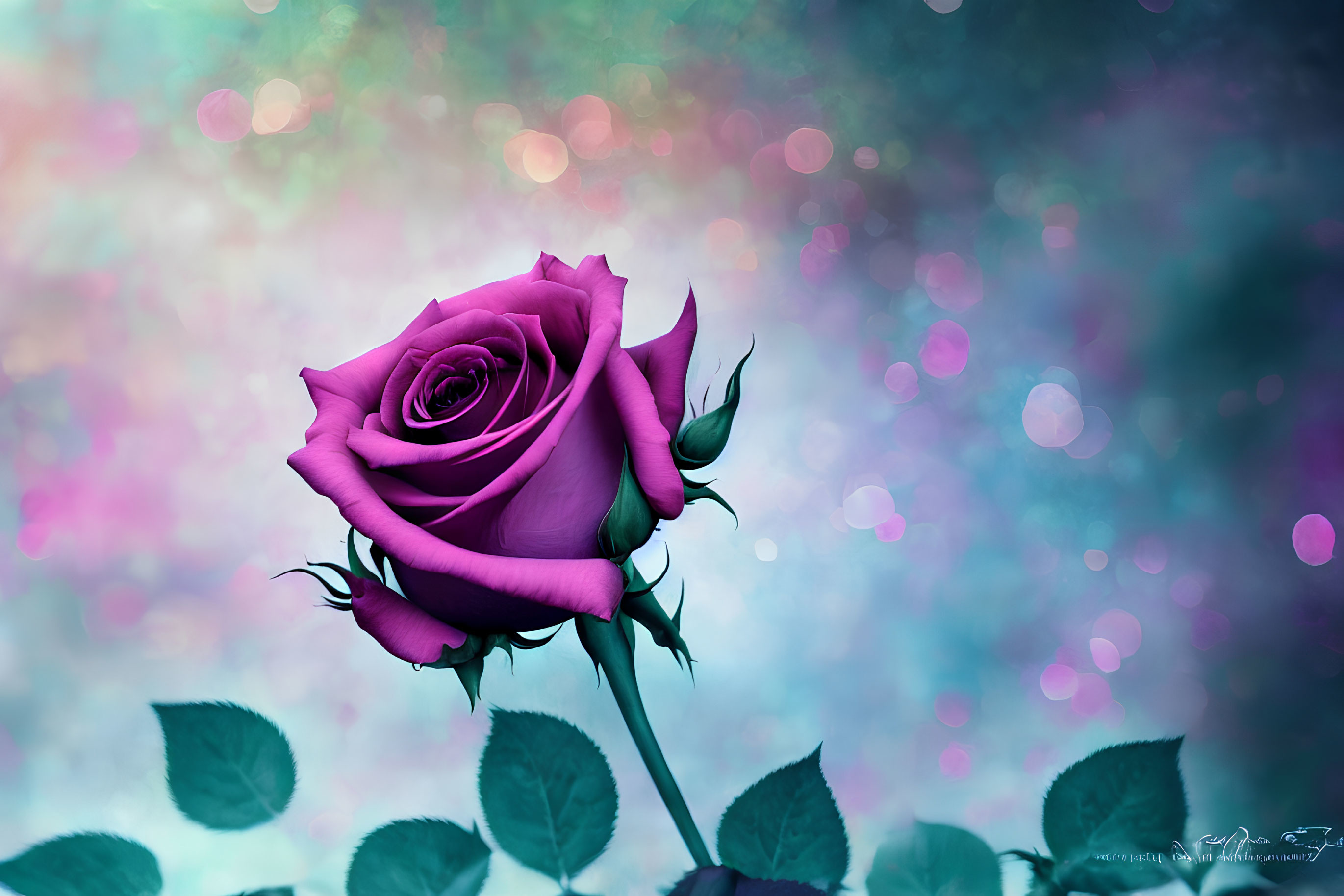 Vibrant Purple Rose with Green Leaves on Teal, Pink, and Purple Bokeh Background