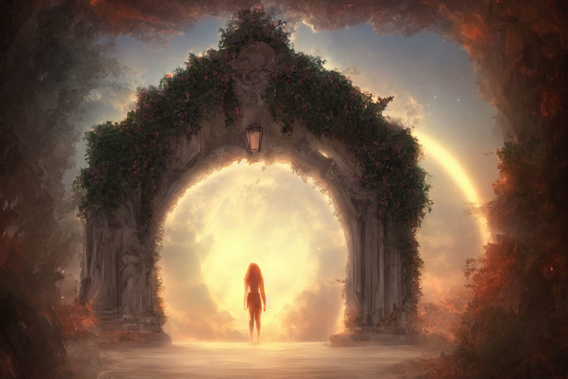 Person standing before ornate archway with glowing ethereal light