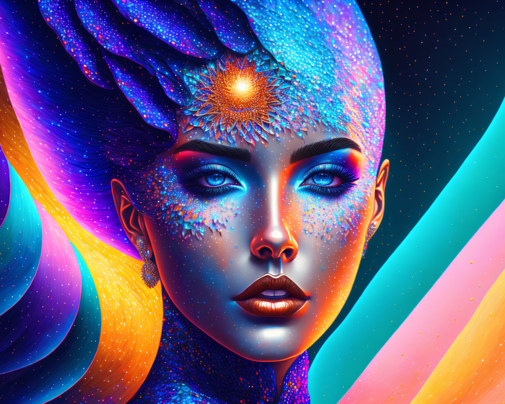 Colorful digital artwork: Blue-skinned woman with cosmic motifs in space.