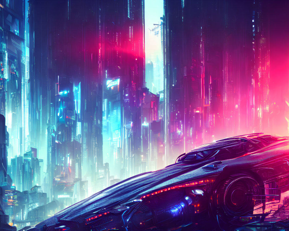 Futuristic cityscape with neon lights, rain, and hover car