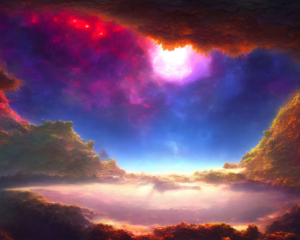 Vibrant fantasy landscape with cosmic sky and serene valley