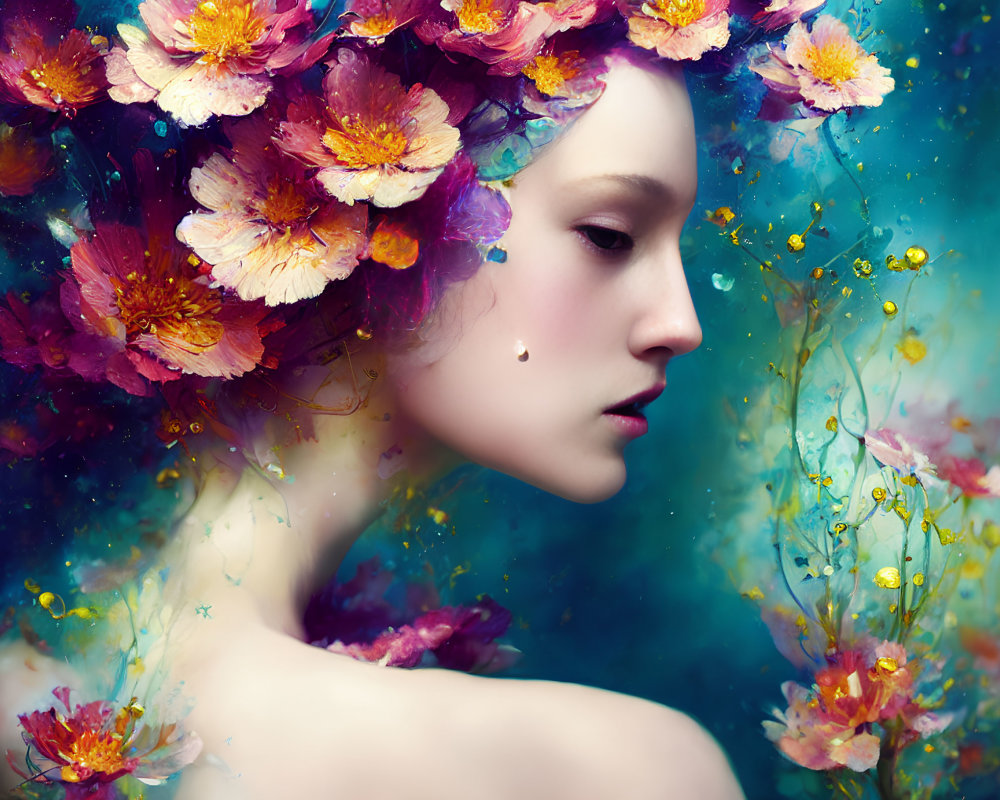 Serene woman with floral crown in pink and purple hues on dreamy blue backdrop