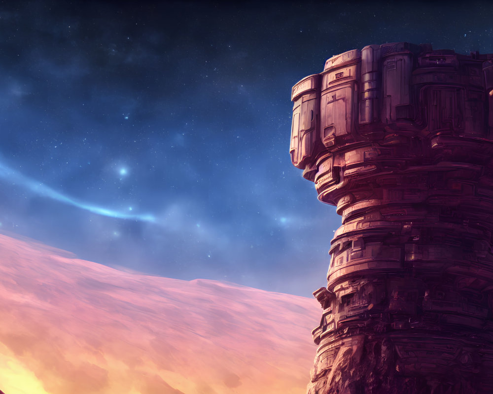 Futuristic alien planet scene with towering structure and comet in starry sky