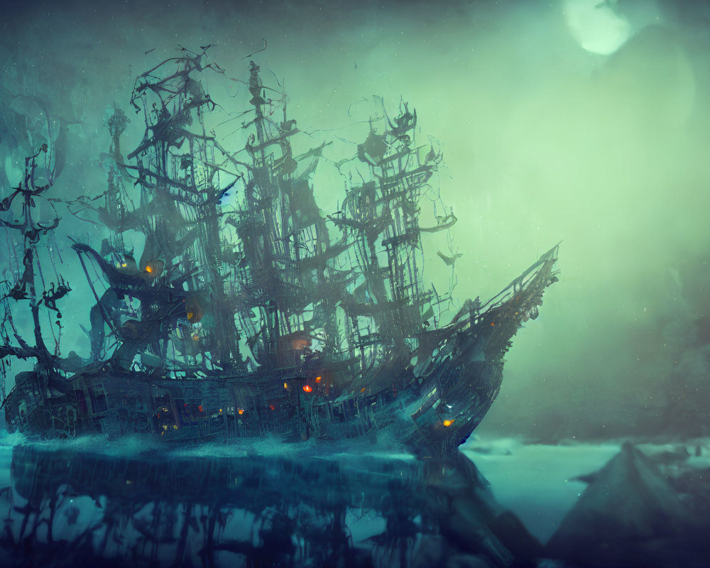 Ghostly pirate ship with tattered sails and eerie green light on icy, foggy waters