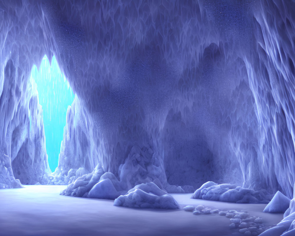 Glowing blue ice cave with sparkling walls and smooth icy floors