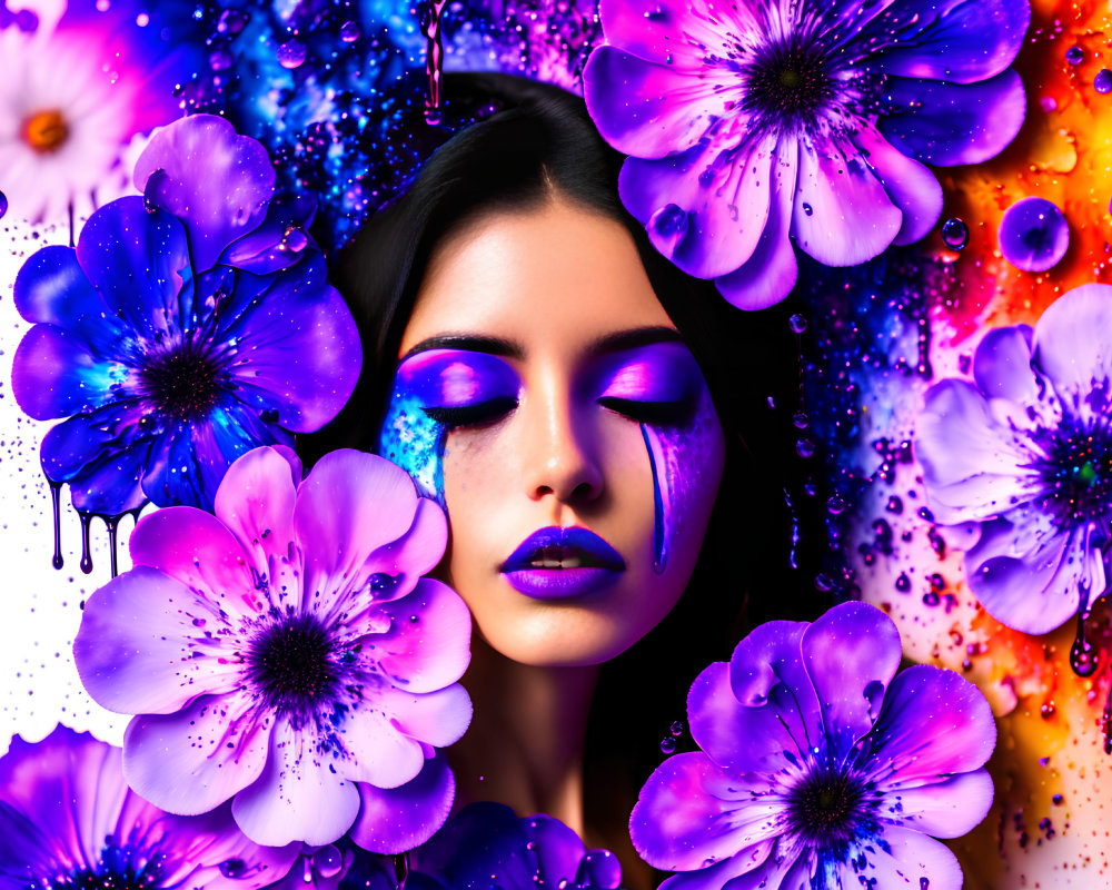 Colorful portrait of woman with purple floral makeup and vibrant flowers.