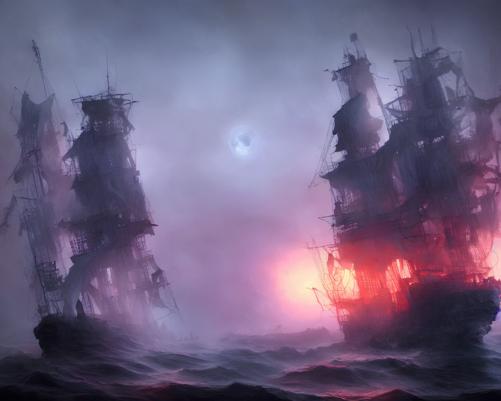 Ghostly sailing ships in mist on haunting sea.