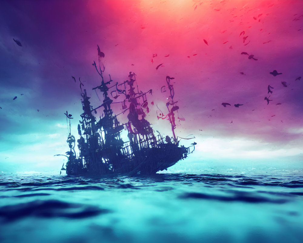 Ghostly ship with tattered sails in dramatic purple and red sky above calm sea