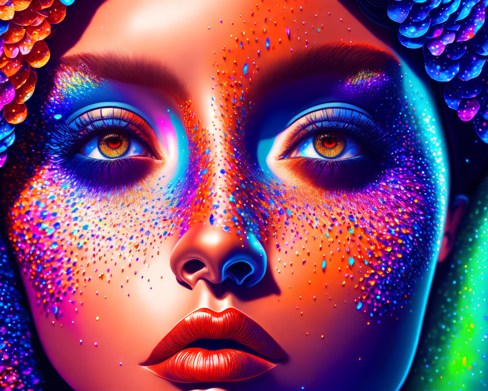 Multicolored Glittering Skin and Hazel Eyes Portrait