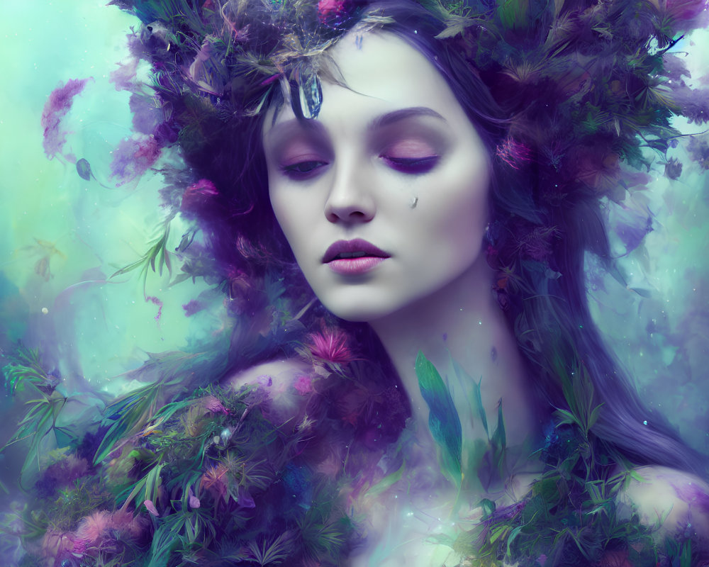Surreal portrait of woman with floral headdress in ethereal setting