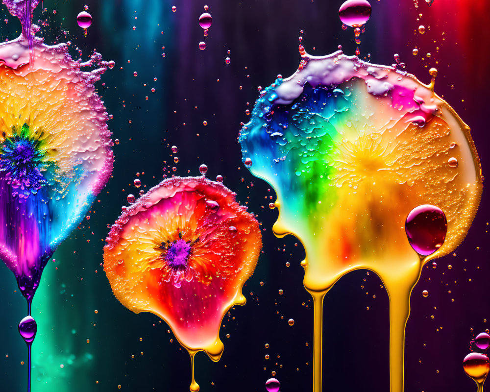 Vibrant liquid splashes in flower shapes on dark gradient background