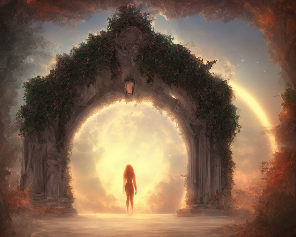Person standing before ornate archway with glowing ethereal light