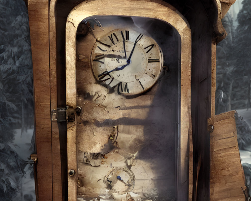 Vintage wooden grandfather clock in snowy forest with exposed gears and frozen time