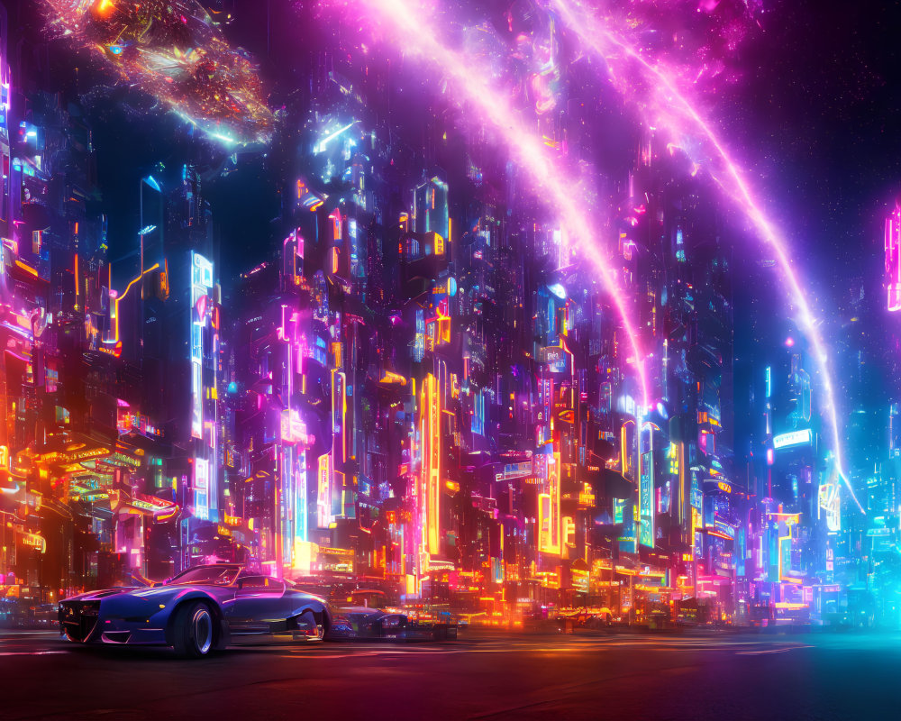 Futuristic neon-lit cityscape with skyscrapers and cosmic event