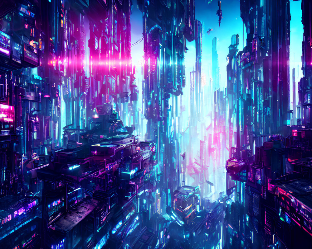 Neon-lit cyberpunk cityscape at twilight