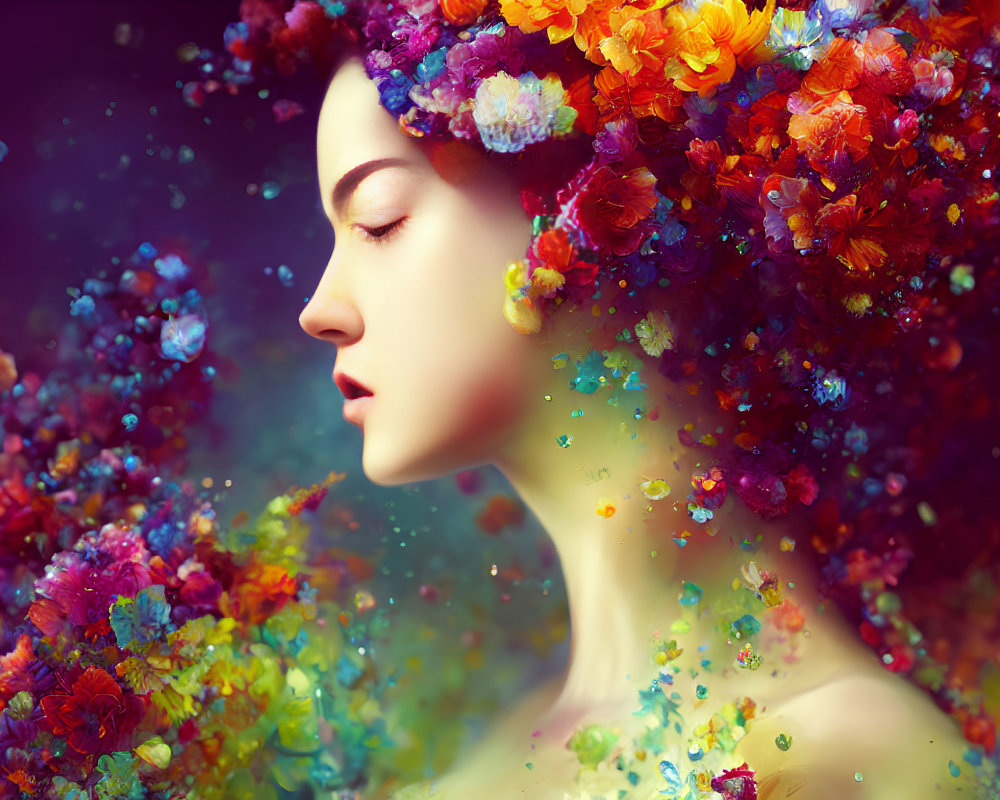 Colorful Floral Woman Portrait with Dreamy Background