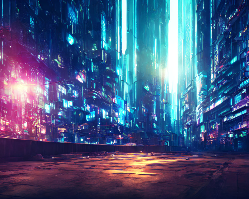 Futuristic cityscape with neon lights and skyscrapers at night