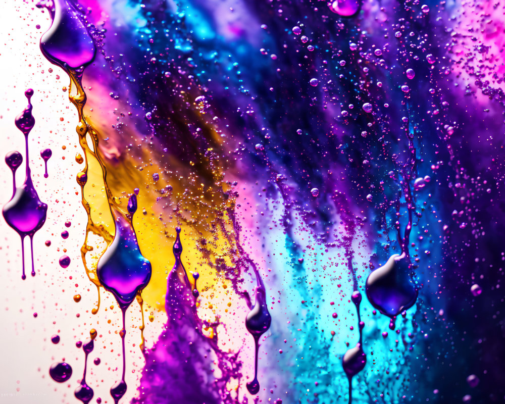 Vibrant water droplets and splashes on colorful gradient backdrop