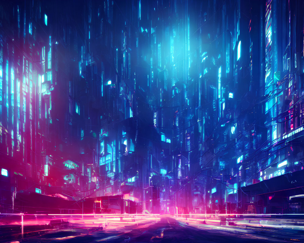 Futuristic neon-lit cityscape with vehicle streaks and radiant skyscrapers