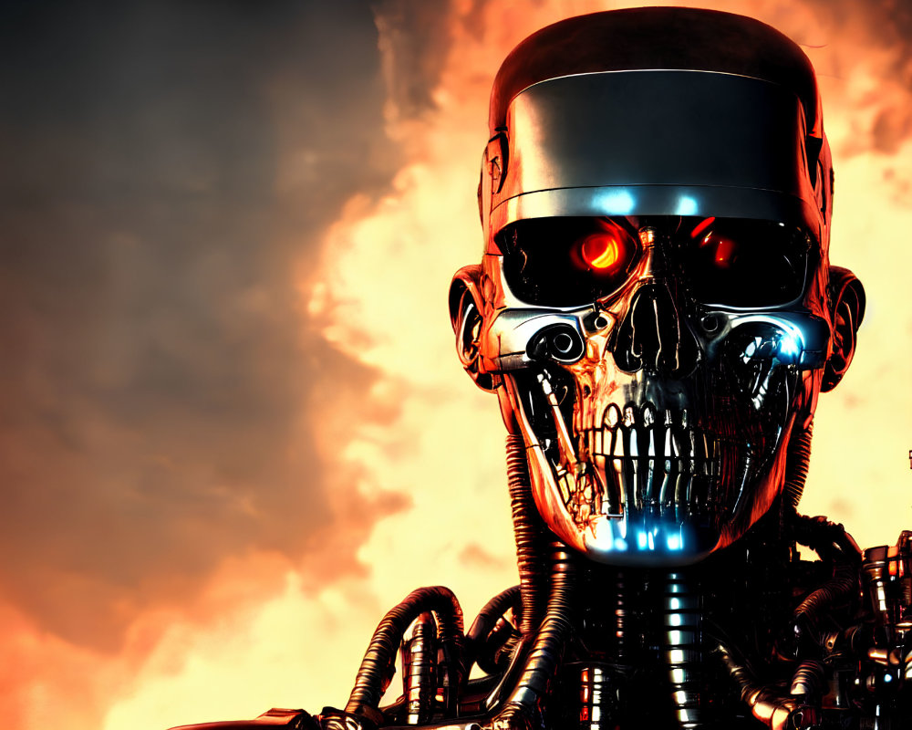 Metallic skull robot with red glowing eye in fiery sky