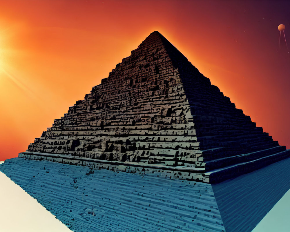 Ancient pyramid under dramatic orange sky with setting sun and distant planet.