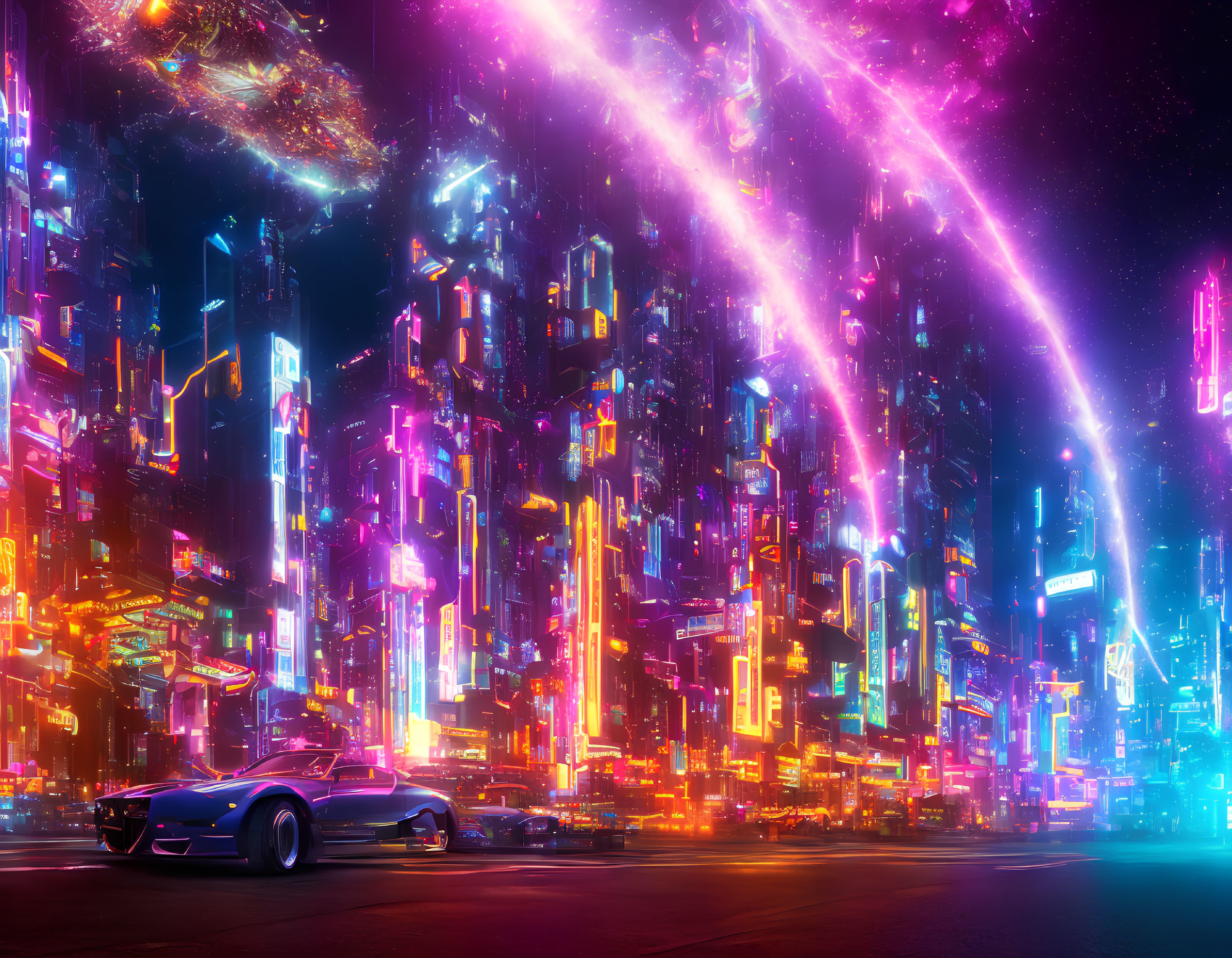 Futuristic neon-lit cityscape with skyscrapers and cosmic event