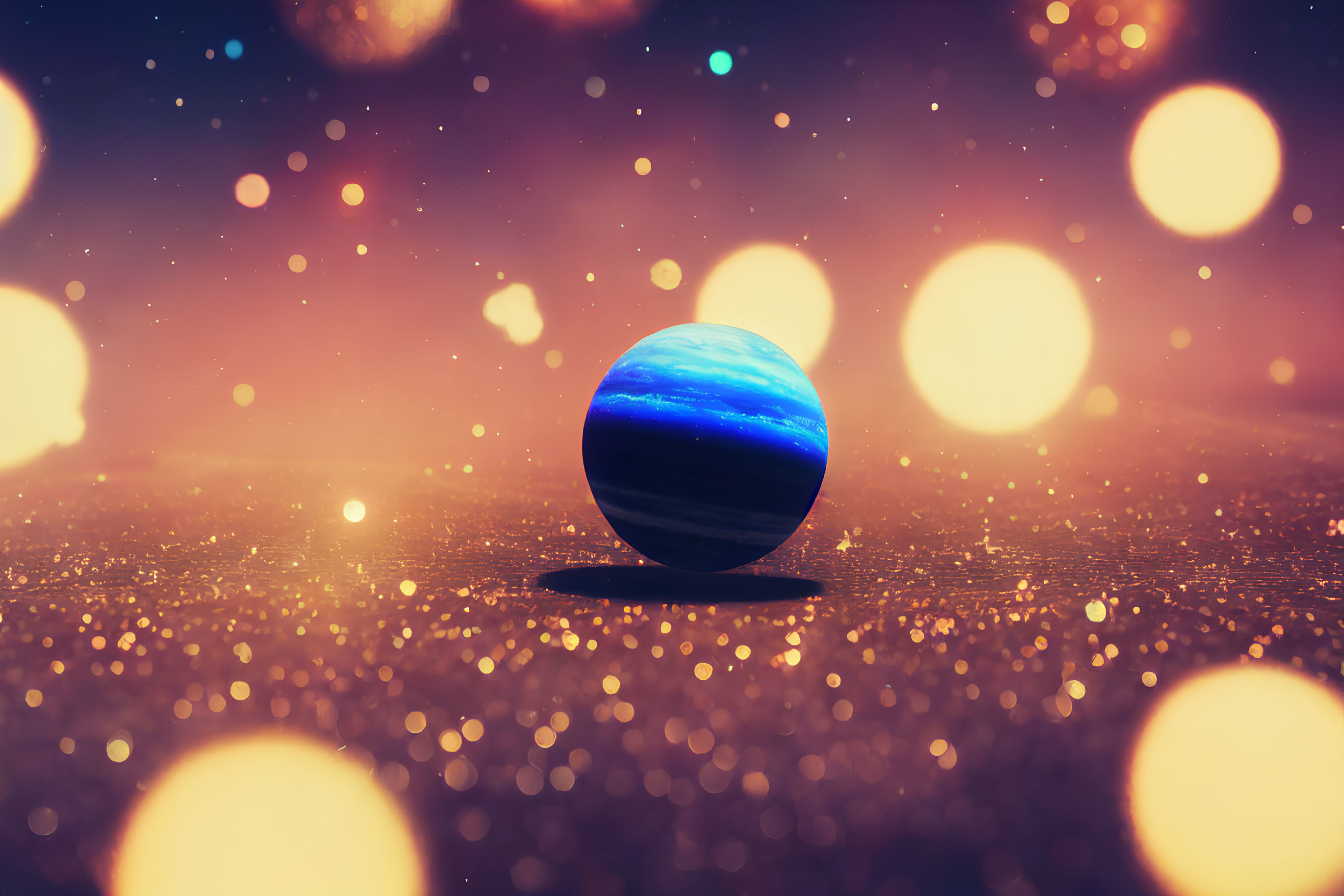 Surreal glossy sphere with blue stripes on warm bokeh backdrop