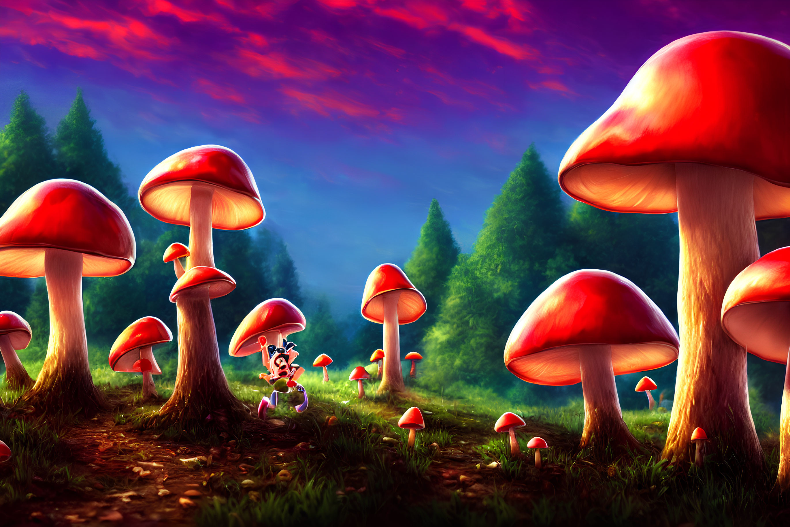 Fantasy forest with red mushrooms and whimsical character under purple sky