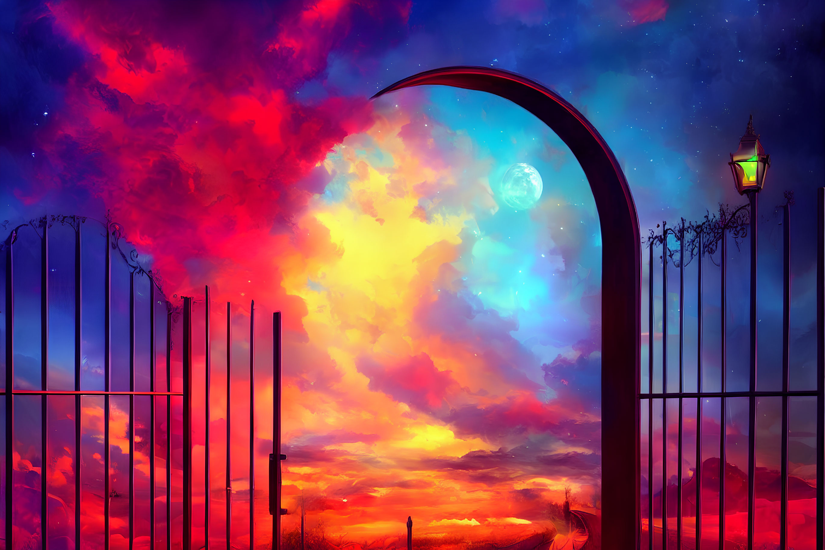 Vibrant sunset sky with open gate, full moon, and lamp post