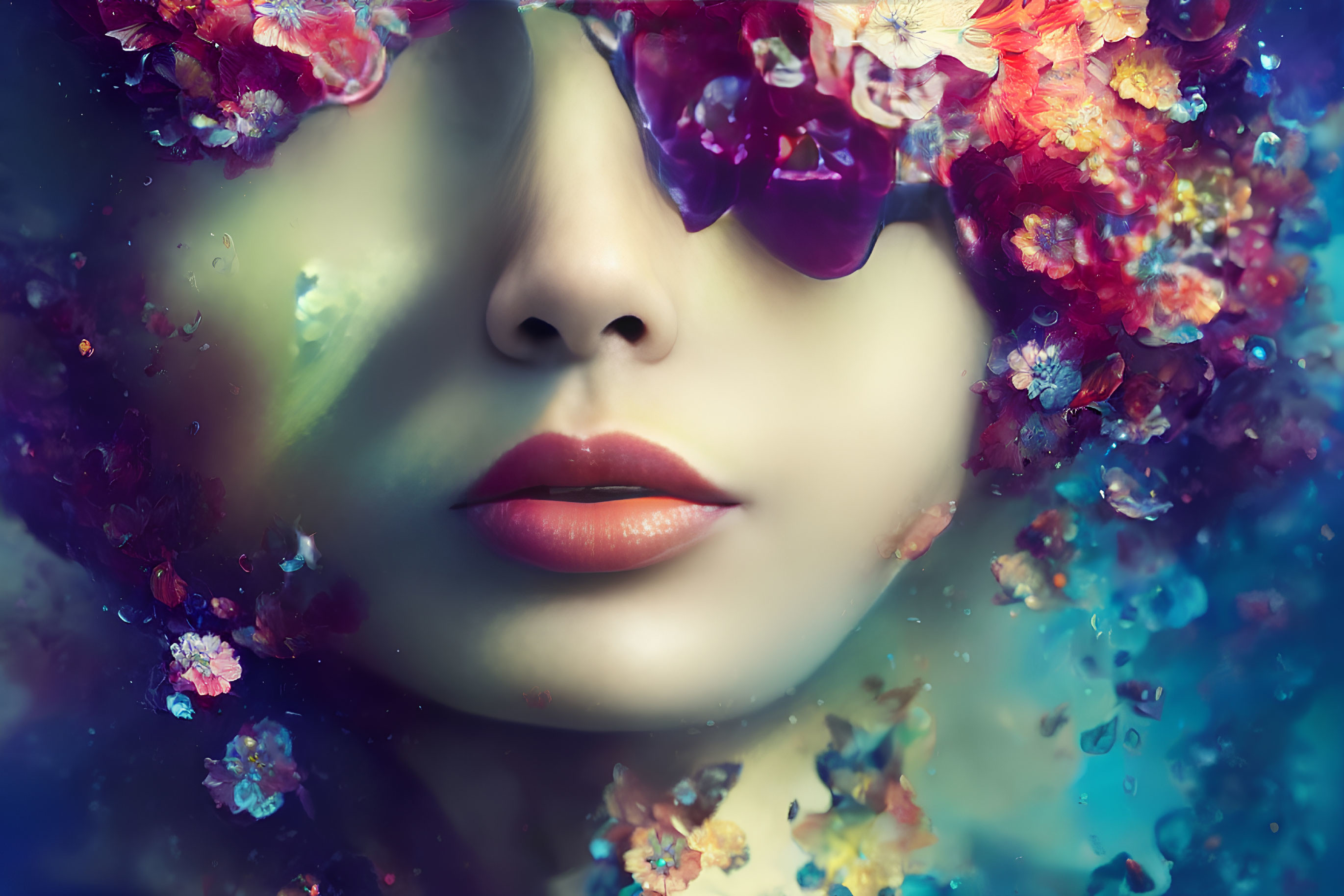 Woman's face submerged in water with vibrant flowers - Dreamlike image
