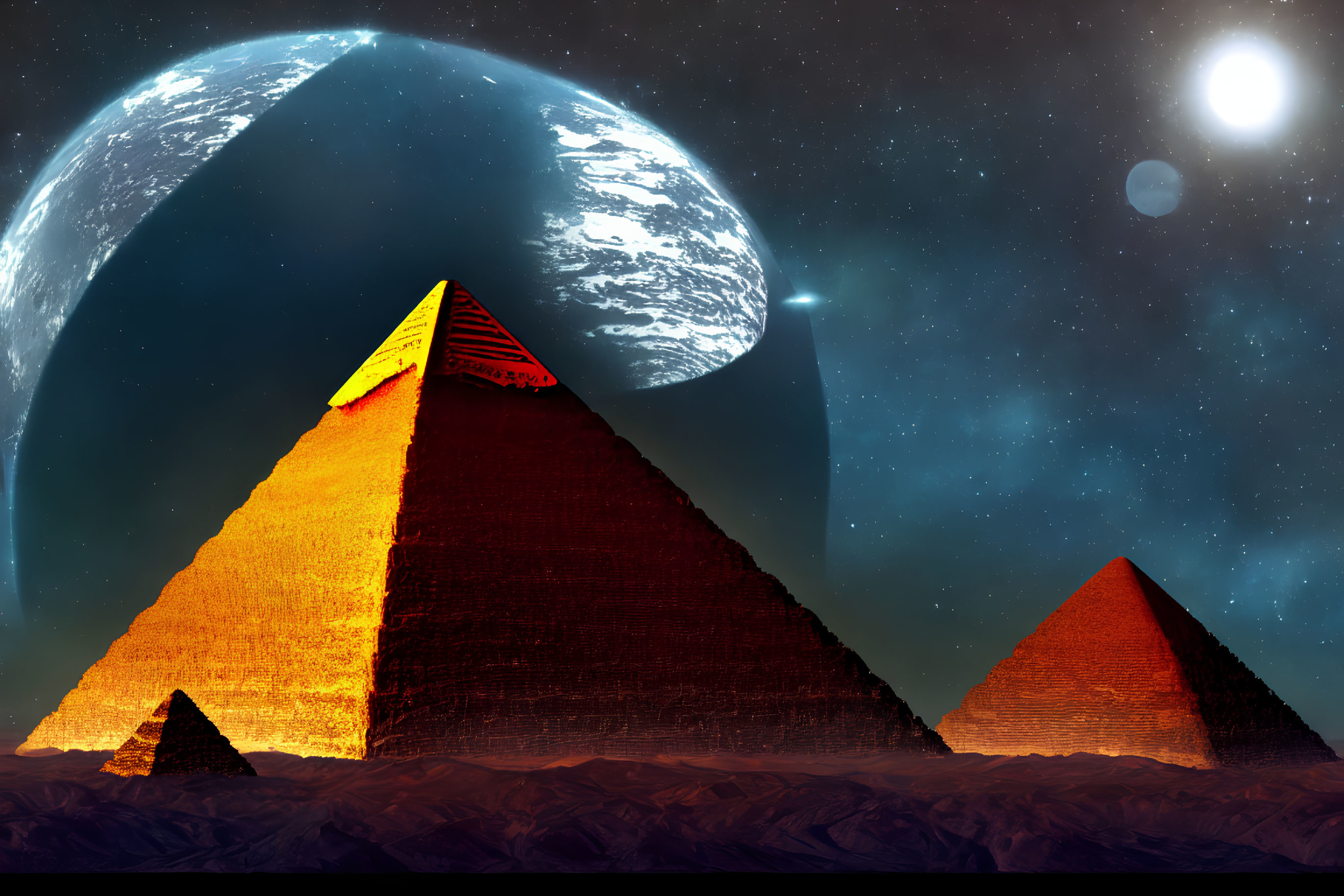 Illuminated Pyramids on Desert Terrain Under Night Sky