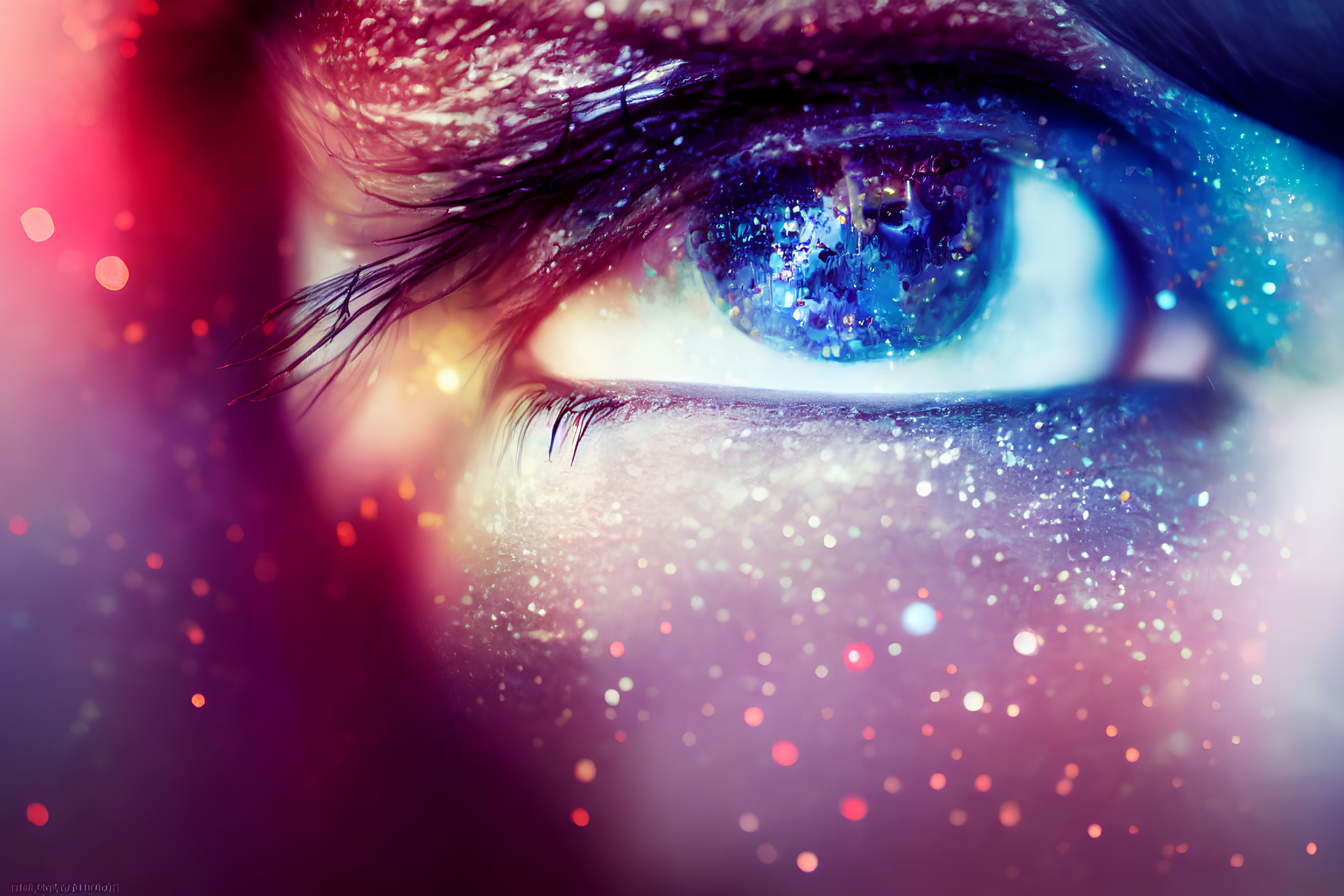 Vividly colored eye with sparkles and blue hues in dreamy close-up