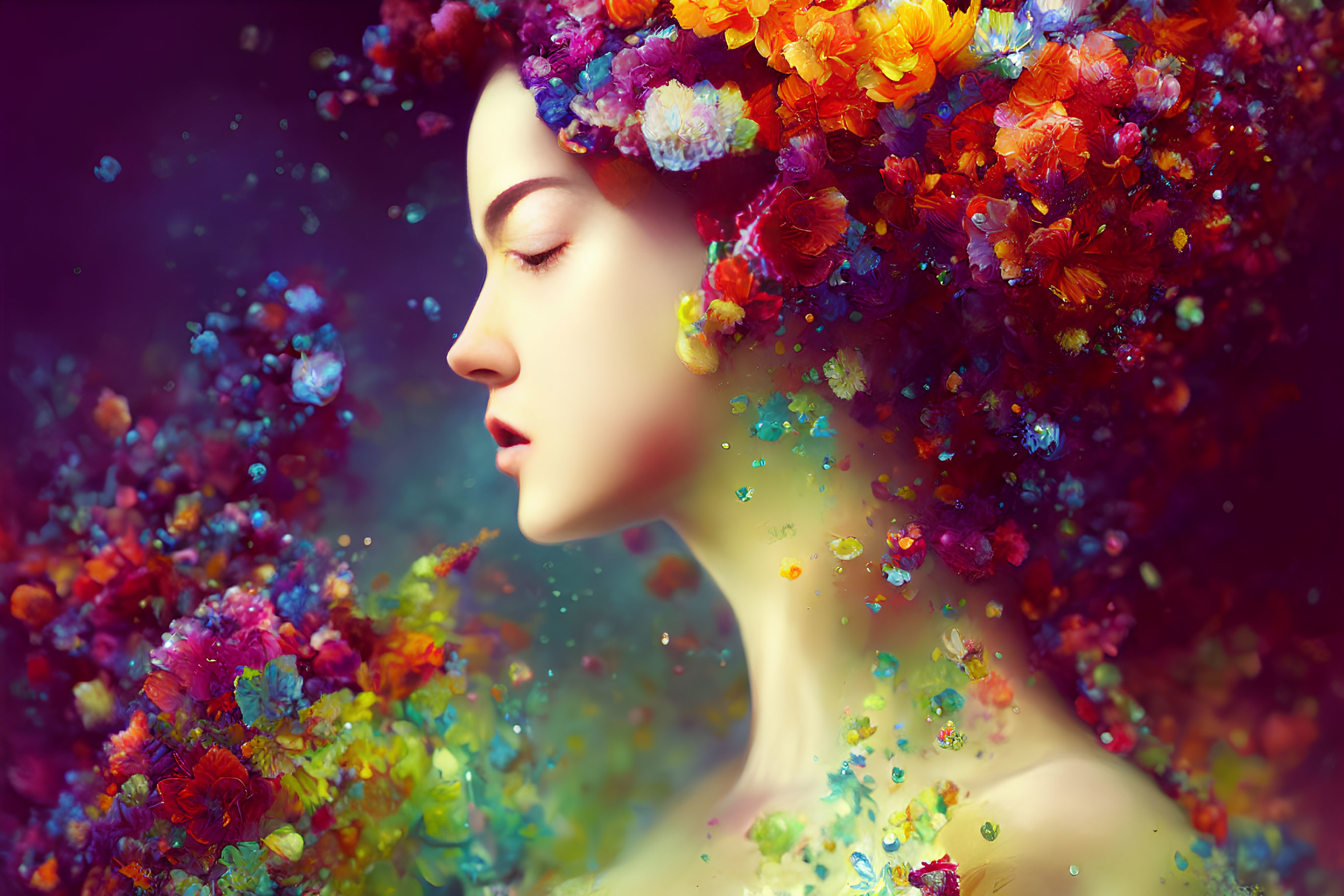 Colorful Floral Woman Portrait with Dreamy Background