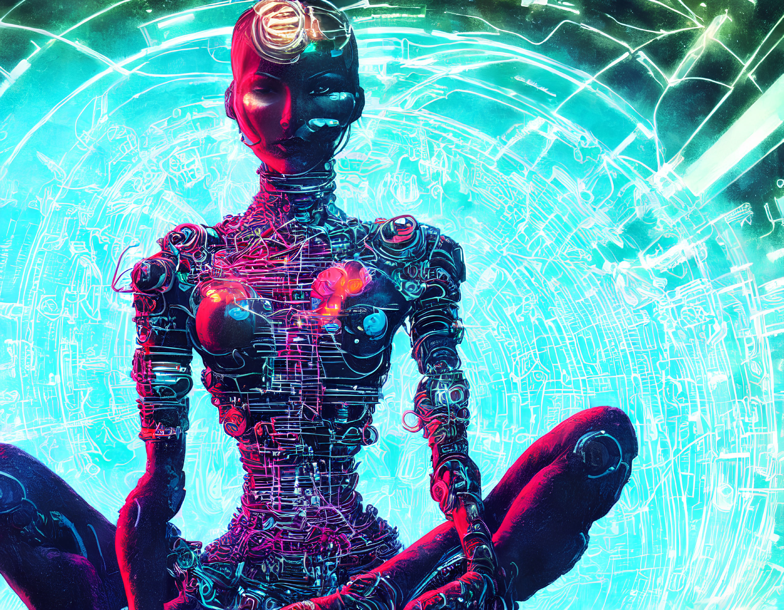 Cybernetic being with glowing red heart in intricate wiring against vibrant technologic backdrop