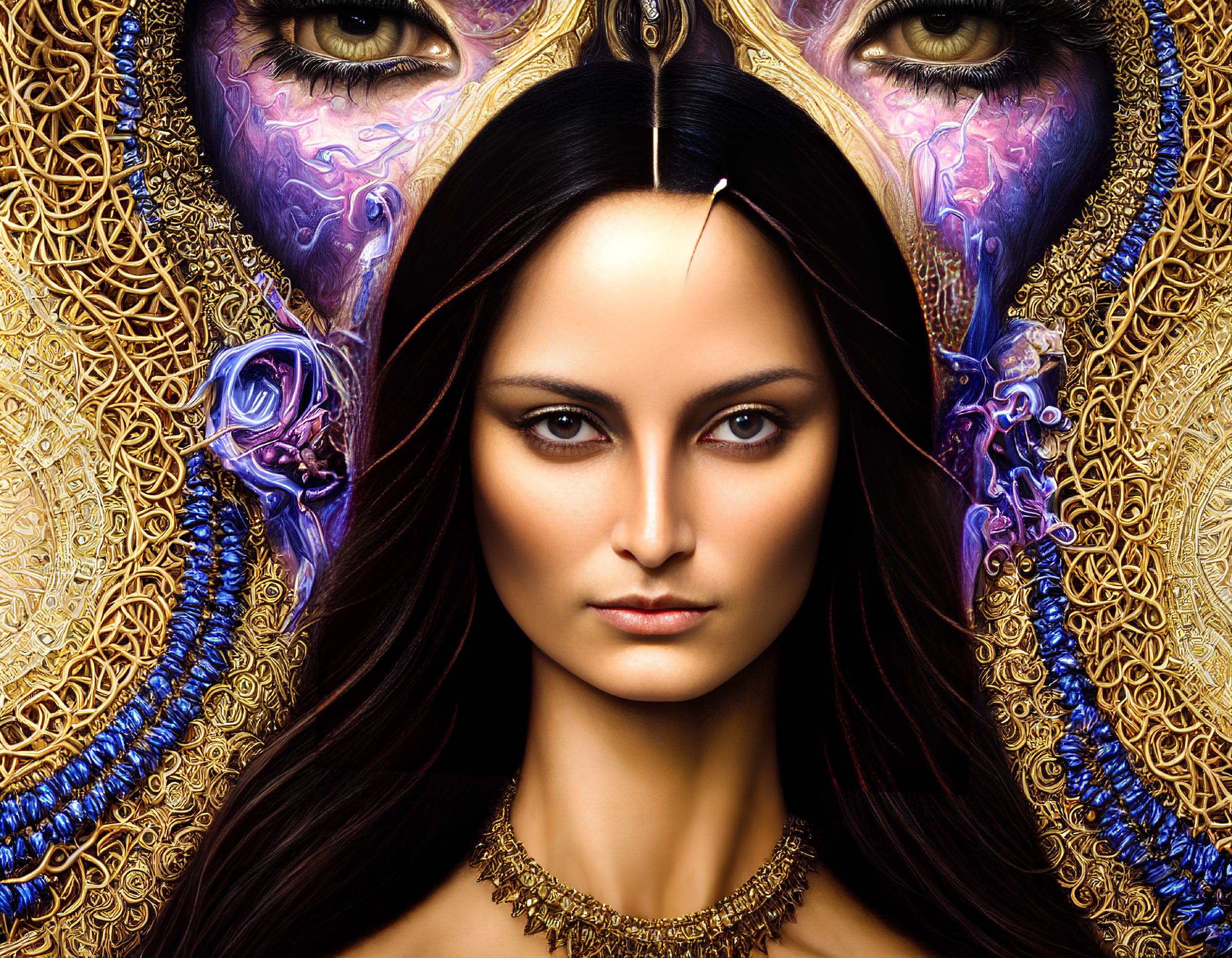 Striking woman with ornate golden and purple designs and intricate patterns.