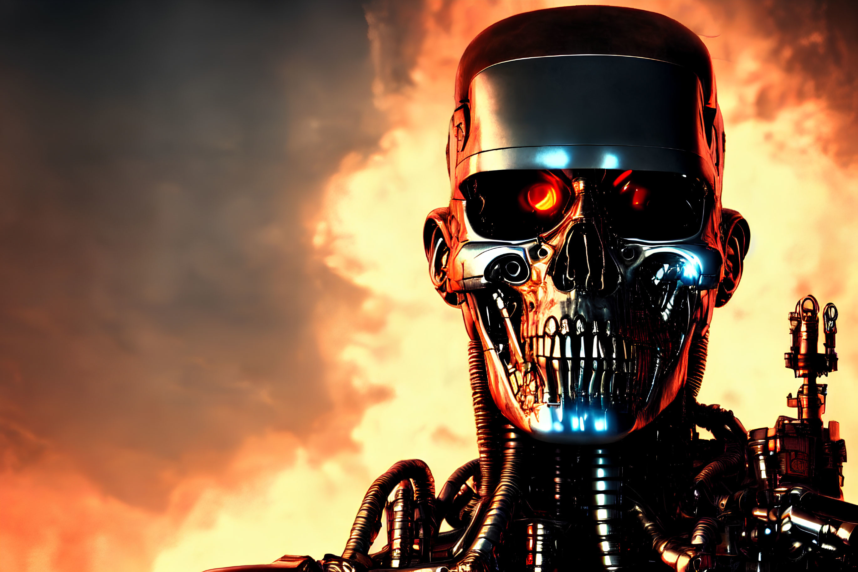 Metallic skull robot with red glowing eye in fiery sky