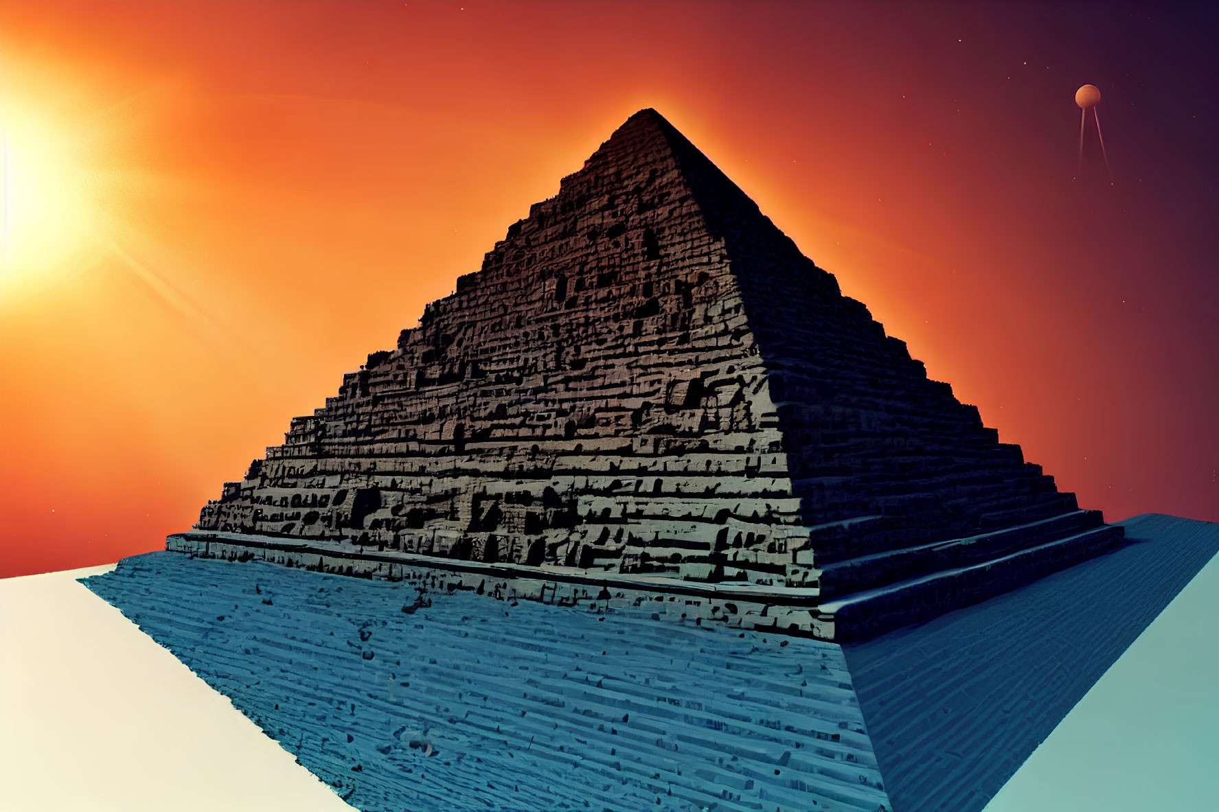 Ancient pyramid under dramatic orange sky with setting sun and distant planet.